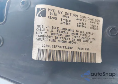 2003 Saturn Ion 2 из США, поврежденный, VIN 1G8AJ52F73Z131002